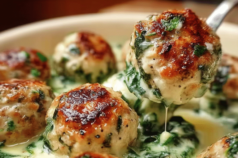 Baked Chicken Ricotta Meatballs with Spinach Alfredo