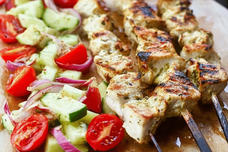 Grilled Chicken Souvlaki Skewers with Chopped Greek Salad