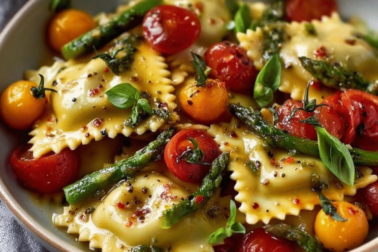 Ravioli with Tomatoes, Asparagus, Garlic, and Herbs
