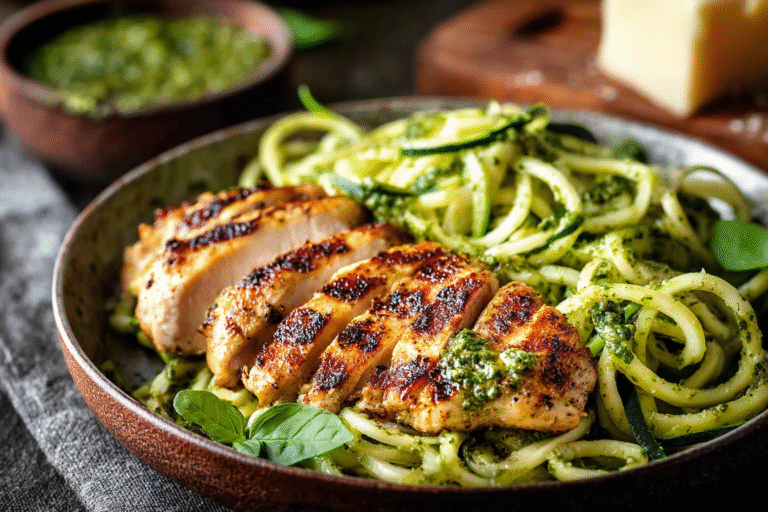 Zucchini Noodles with Pesto and Grilled Chicken