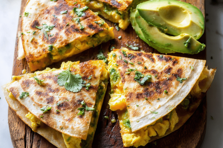 Breakfast Quesadilla with Soft Scrambled Eggs and Avocado Salsa
