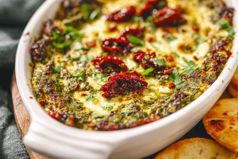 Cheesy Baked Pesto and Sun-Dried Tomato Dip