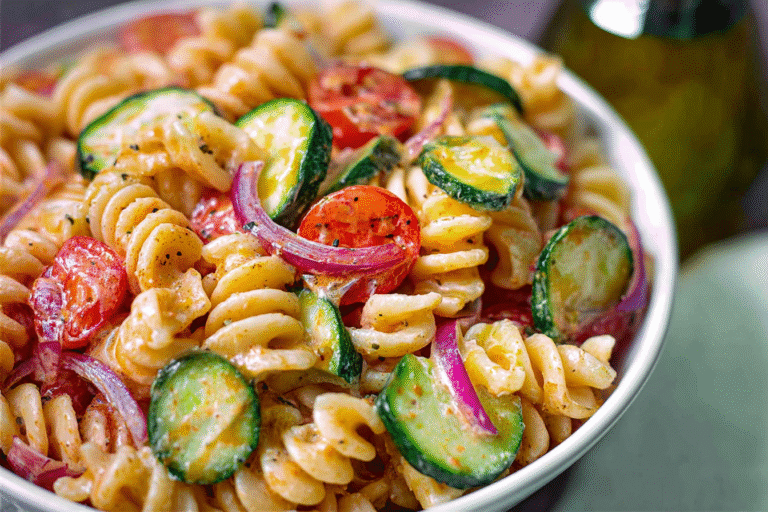 Creamy Tomato Cucumber Pasta Salad