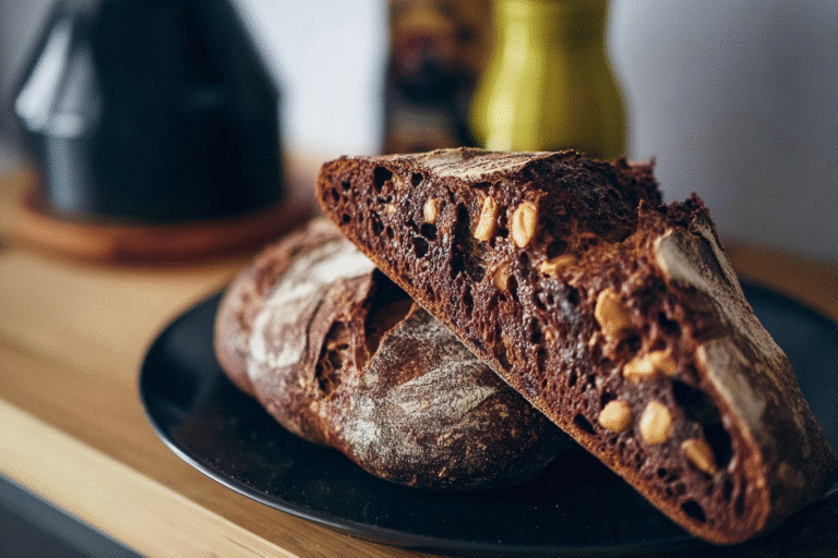 Freshly baked chocolate peanut butter sourdough bread on cutting board
