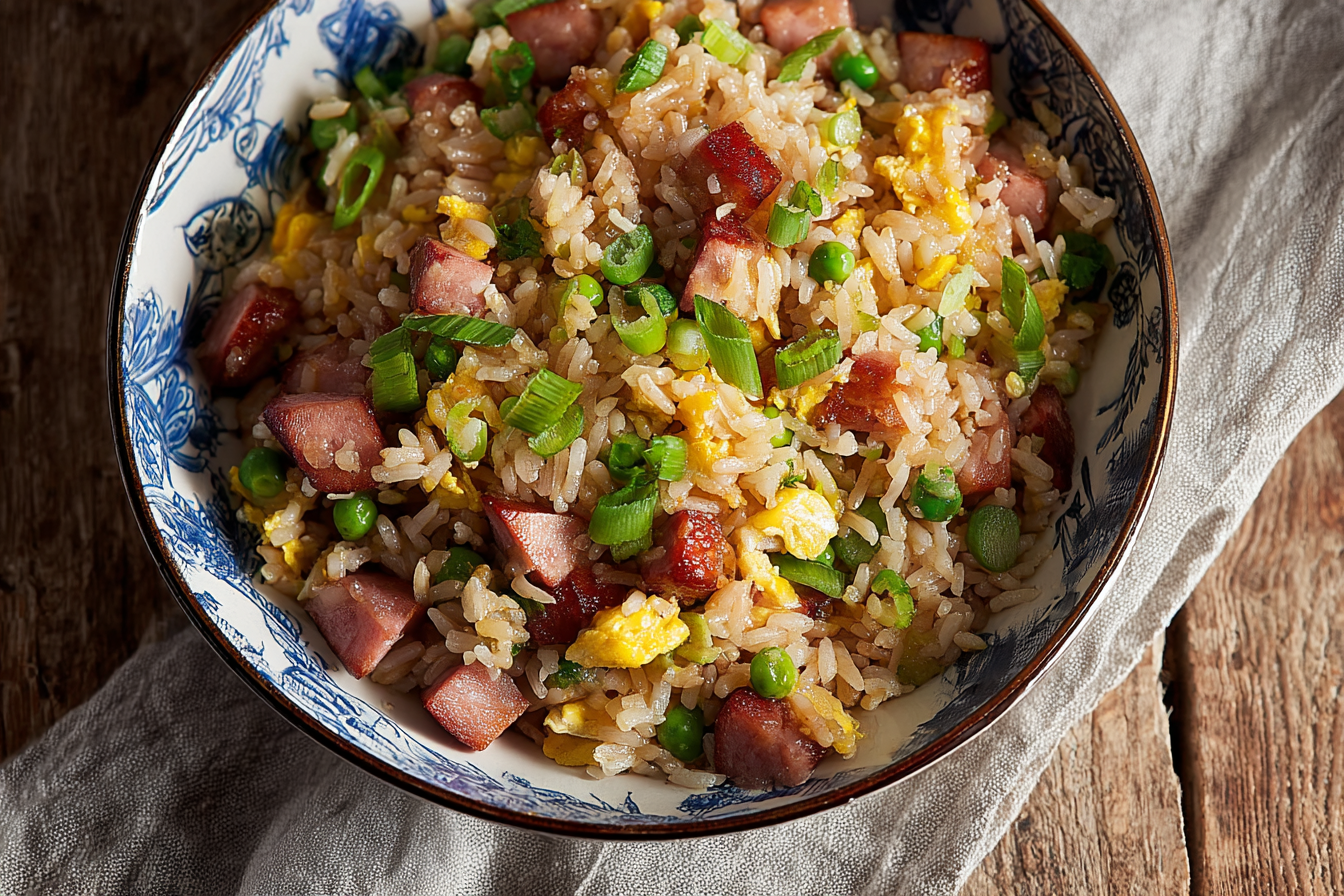 Spam fried rice with vegetables in a bowl