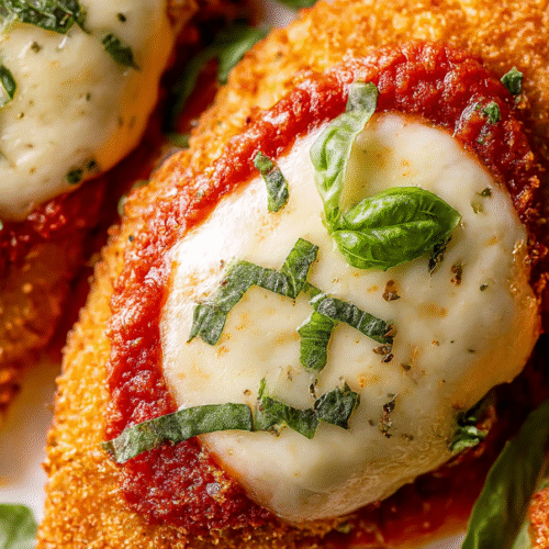 Crispy baked chicken parmesan topped with tomato sauce, melted mozzarella, and fresh basil