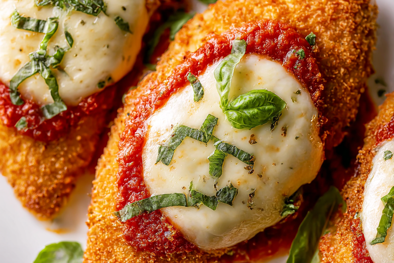 Crispy baked chicken parmesan topped with tomato sauce, melted mozzarella, and fresh basil