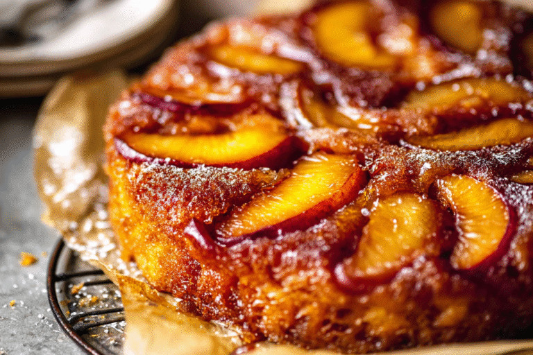 A beautifully caramelized Bourbon Peach Upside Down Cake, fresh from the oven