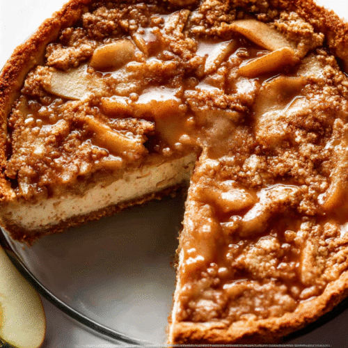 Caramel apple pie cheesecake slice topped with apples, crumble, and caramel sauce