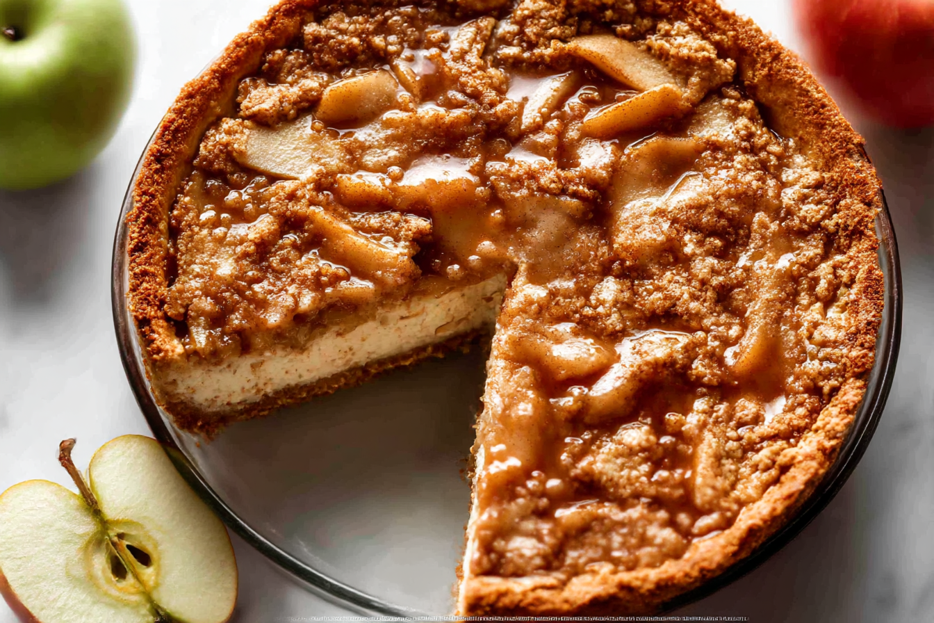 Caramel apple pie cheesecake slice topped with apples, crumble, and caramel sauce