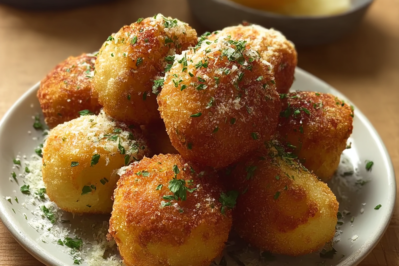 Cheesy Parmesan Potato Balls with crispy golden coating and gooey mozzarella center