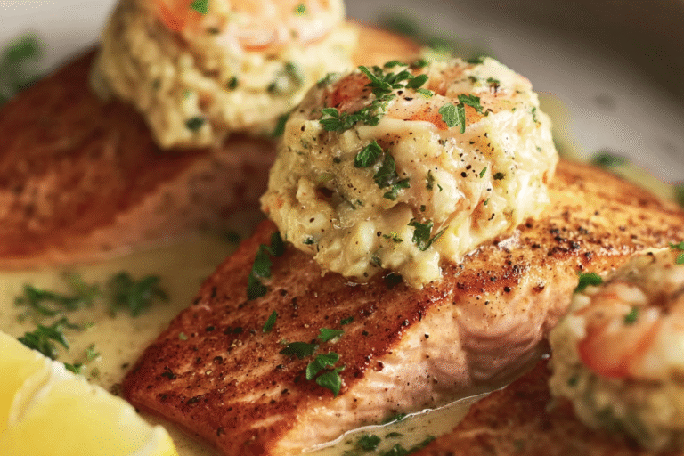 Baked crab-stuffed salmon fillets garnished with fresh parsley and lemon wedges