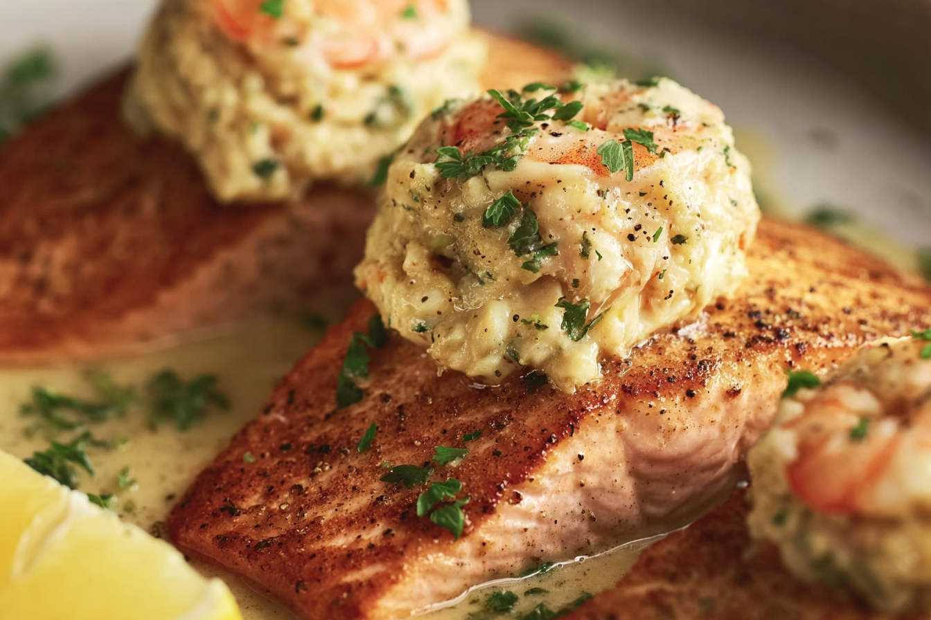 Baked crab-stuffed salmon fillets garnished with fresh parsley and lemon wedges