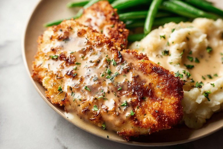 Skillet of creamy garlic parmesan chicken with parsley garnish