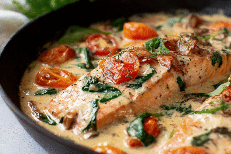 Seared salmon fillets in creamy Tuscan sauce with spinach and sun-dried tomatoes