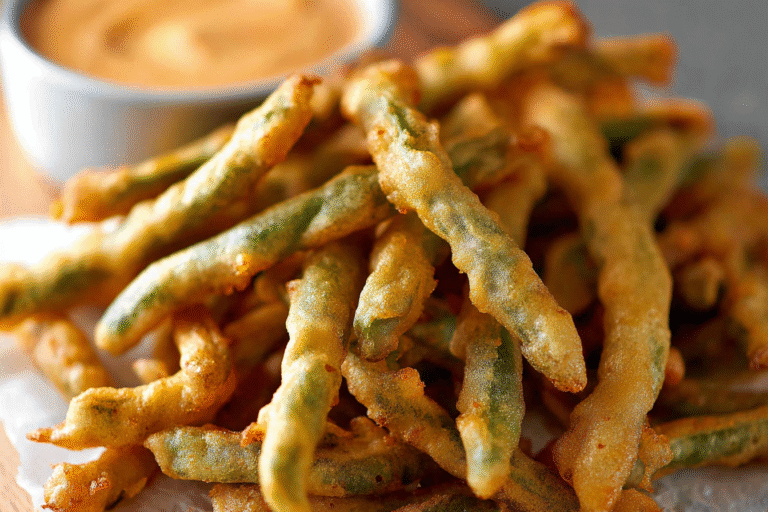 Golden crispy beer-battered green beans served with creamy sriracha dipping sauce in a white bowl