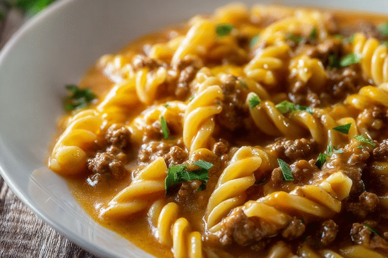 Easy Cheeseburger Pasta Skillet – The Ultimate One-Pan Dinner If you love the comfort of a cheeseburger and the heartiness of pasta, then this Easy Cheeseburger Pasta Skillet is about to become your new weeknight hero. This one-pan wonder takes all the savory flavors of a juicy cheeseburger—seasoned beef, melty cheddar cheese, and a touch of onion—and combines them with tender pasta in a creamy, cheesy sauce. It’s quick, budget-friendly, and perfect for busy nights when you want a satisfying meal without spending hours in the kitchen. This skillet recipe brings together the best of two comfort food favorites in under 30 minutes. The pasta soaks up the rich beef broth and seasonings while the cheese melts into a luscious sauce that coats every bite. The result? A dish that’s as family-friendly as it is indulgent. Serve it straight from the skillet for a rustic, cozy vibe that will make everyone head back for seconds. For more quick and hearty dinner ideas, you might also enjoy my Creamy Garlic Parmesan Crispy Chicken or these flavorful Italian Sausage Zucchini Boats for a lighter twist. Why You’ll Love This Easy Cheeseburger Pasta Skillet It’s a one-pan meal, which means minimal cleanup and no juggling multiple pots and pans. It’s ready in about 30 minutes from start to finish, making it perfect for weeknights. The ingredients are simple, affordable, and easy to find in any grocery store. It’s kid-approved, thanks to the creamy cheese sauce and familiar cheeseburger flavors. It’s versatile—swap in different cheeses, pasta shapes, or seasonings to suit your taste. And it reheats beautifully, so leftovers are just as good the next day. Ingredients You’ll Need ½ onion, diced – adds savory depth to the beef 1 lb. lean ground beef – the star protein 2 tsp garlic powder – enhances flavor without overpowering 3 tbsp all-purpose flour – thickens the sauce 1 tbsp paprika – gives warmth and color ¼ cup dry sherry or beef broth – deglazes the pan and adds flavor 3 cups low-sodium beef broth – creates a rich base for the sauce 1 cup milk – adds creaminess 1 ½ tsp salt – seasons the dish perfectly ½ tsp black pepper – for a little kick 2 cups dry rotini noodles – holds the sauce in every curve 2 cups shredded sharp cheddar cheese – melts into gooey perfection How to Make Easy Cheeseburger Pasta Skillet Step 1 – Cook the Onion and Beef Place a large deep skillet or sauté pan over medium heat. Add the diced onion and cook for 2–3 minutes until softened. Add the lean ground beef and cook, breaking it up with a wooden spoon, until browned and fully cooked through. Drain excess grease if necessary. Step 2 – Add Seasonings and Flour Stir in the garlic powder and paprika. Sprinkle the flour over the beef and onions, stirring well to coat. This step will help thicken the sauce later. Cook for about 1 minute to remove the raw flour taste. Step 3 – Deglaze the Pan Pour in the dry sherry (or beef broth if preferred) and stir, scraping the bottom of the pan to release any browned bits for extra flavor. Let it simmer for about 1 minute. Step 4 – Add Liquids and Pasta Pour in the beef broth, milk, salt, and pepper. Stir to combine, then add the dry rotini pasta. Bring the mixture to a boil, then reduce the heat to a simmer. Cover and cook for about 12–15 minutes, stirring occasionally, until the pasta is tender and most of the liquid is absorbed. Step 5 – Add the Cheese Once the pasta is cooked, turn off the heat and stir in the shredded cheddar cheese until melted and creamy. Taste and adjust seasoning if needed. Step 6 – Serve Serve hot directly from the skillet for a cozy, family-style dinner. Garnish with chopped parsley or green onions for a fresh pop of color if desired. Pro Tips for the Best Cheeseburger Pasta Use freshly shredded cheese for the smoothest melt—pre-shredded cheese can sometimes be grainy due to anti-caking agents. If you like a little heat, add a pinch of cayenne pepper or chili flakes. For a more “burger-like” flavor, stir in a teaspoon of yellow mustard or a splash of pickle juice before serving. Variations & Substitutions Swap rotini for penne, elbow macaroni, or shells. Try using half cheddar and half mozzarella for a creamier texture. Add chopped cooked bacon for a bacon cheeseburger pasta twist. Stir in diced pickles just before serving for an authentic burger bite. For a lighter version, use ground turkey or chicken instead of beef. What to Serve With Cheeseburger Pasta Serve with a simple side salad to balance the richness. Garlic bread or crusty rolls are perfect for scooping up extra sauce. For a veggie boost, serve with roasted broccoli or green beans. Storage & Reheating Store leftovers in an airtight container in the refrigerator for up to 3 days. Reheat gently on the stove over low heat or in the microwave, adding a splash of milk if needed to loosen the sauce. To freeze, portion into freezer-safe containers and store for up to 2 months. Thaw overnight in the refrigerator before reheating. Frequently Asked Questions Can I make this ahead? Yes, you can prepare the beef mixture ahead and store it in the fridge. When ready to eat, just reheat, add pasta, liquids, and cook as directed. Can I make it gluten-free? Yes, use gluten-free pasta and replace the flour with cornstarch (about half the amount). Can I add vegetables? Absolutely—diced bell peppers, mushrooms, or even spinach make great additions. Nutrition Facts Serving Size 1 ½ cups Calories 475 Total Fat 23g Saturated Fat 12g Cholesterol 95mg Sodium 820mg Total Carbohydrates 39g Dietary Fiber 2g Sugars 5g Protein 28g Conclusion This Easy Cheeseburger Pasta Skillet delivers everything you love about a cheeseburger in a quick and comforting pasta dish. With just one pan, a handful of pantry staples, and under 30 minutes, you can have a hearty, cheesy, and flavor-packed meal that the whole family will love. Whether it’s for a weeknight dinner or a cozy weekend indulgence, this recipe is sure to be on repeat in your kitchen.