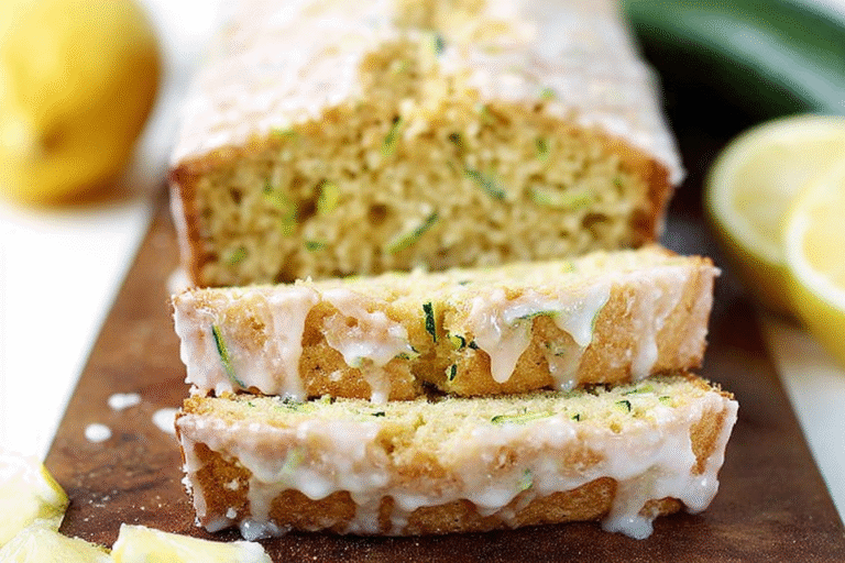 Moist lemon zucchini bread topped with lemon glaze and lemon slices