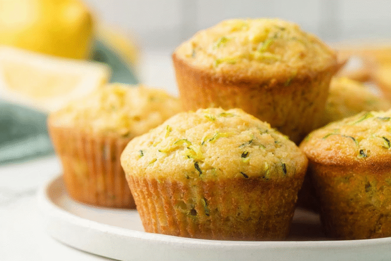 Moist lemon zucchini muffins with citrus glaze on a cooling rack