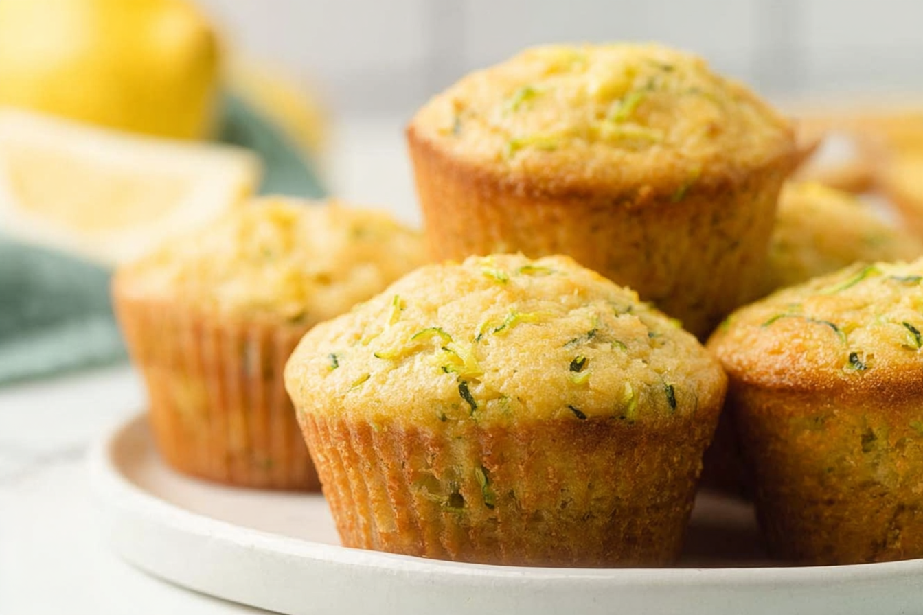 Moist lemon zucchini muffins with citrus glaze on a cooling rack