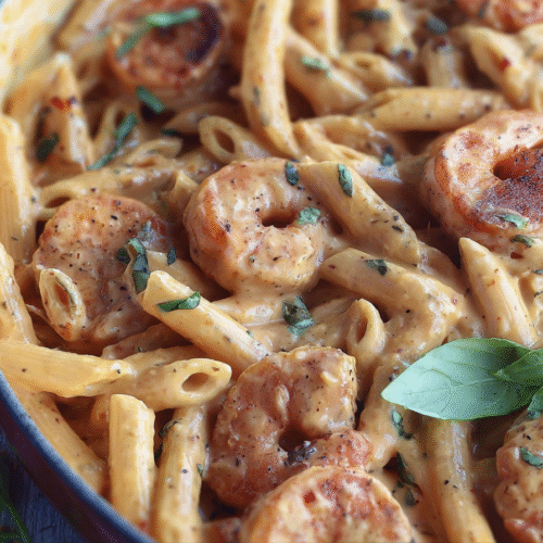 A plate of creamy Marry Me Shrimp Pasta with fresh basil garnish