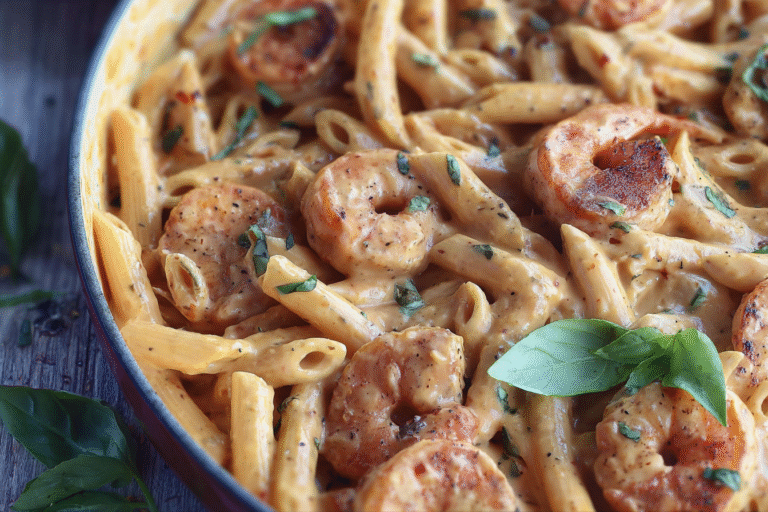 A plate of creamy Marry Me Shrimp Pasta with fresh basil garnish