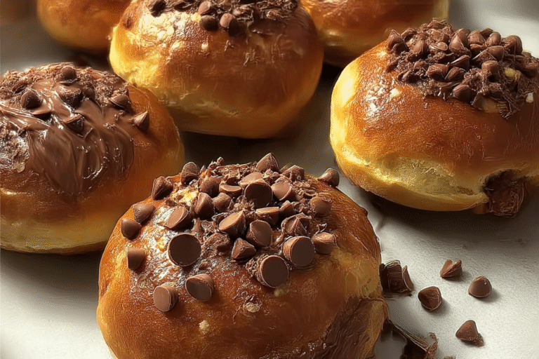 Nutella stuffed baked donuts cut open with gooey Nutella filling inside