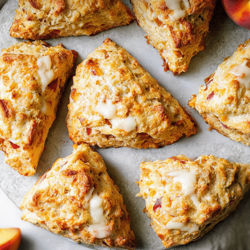 Freshly baked peach scones drizzled with honey vanilla glaze