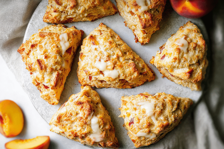 Freshly baked peach scones drizzled with honey vanilla glaze