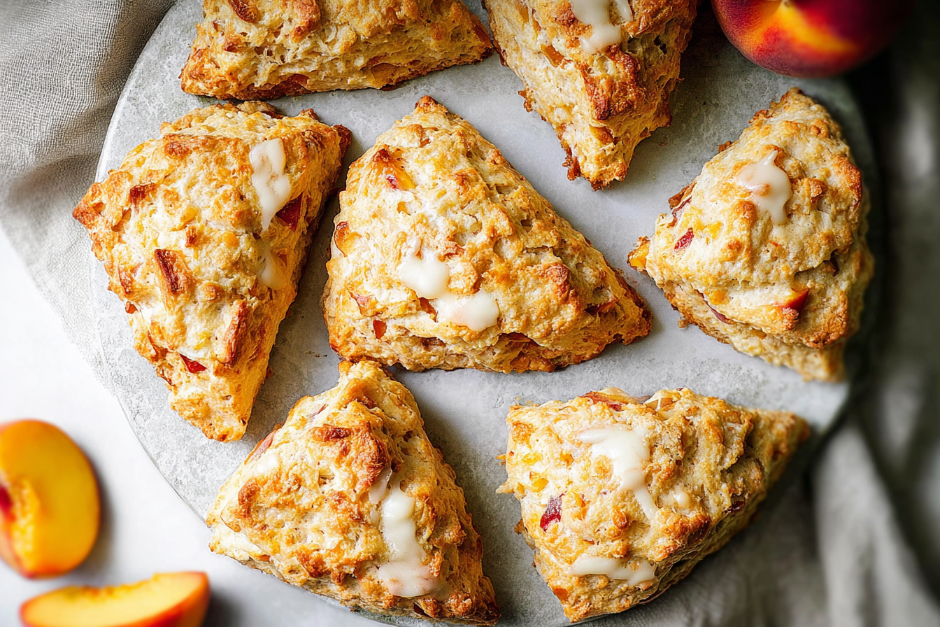 Freshly baked peach scones drizzled with honey vanilla glaze
