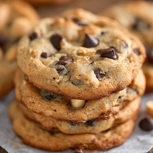 Soft and chewy peanut butter banana chocolate chip cookies stacked on a plate