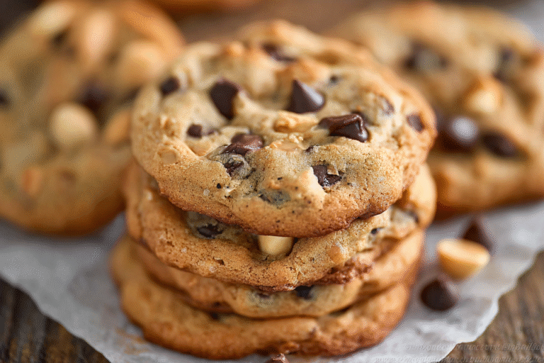 Soft and chewy peanut butter banana chocolate chip cookies stacked on a plate