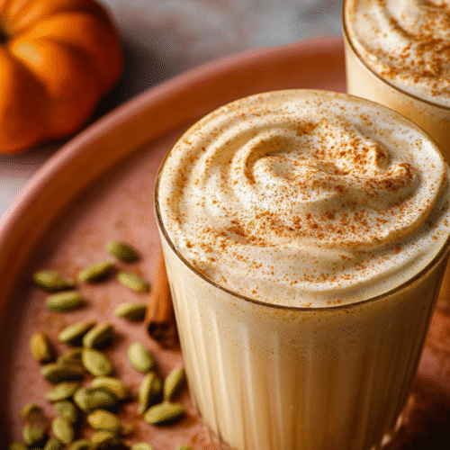 Glass mug filled with creamy pumpkin chai latte topped with pumpkin cold foam