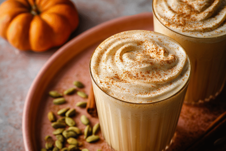 Glass mug filled with creamy pumpkin chai latte topped with pumpkin cold foam