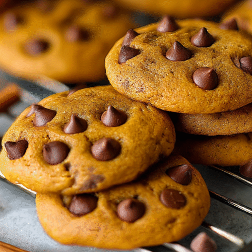 Soft pumpkin chocolate chip cookies stacked on a plate with melty chocolate chips