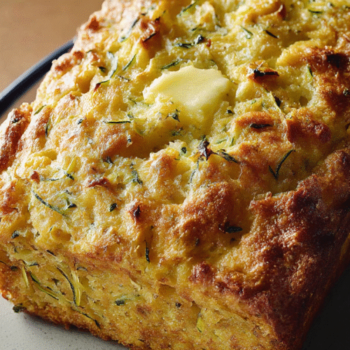 Freshly baked zucchini cheddar bread loaf on a wooden board with slices cut
