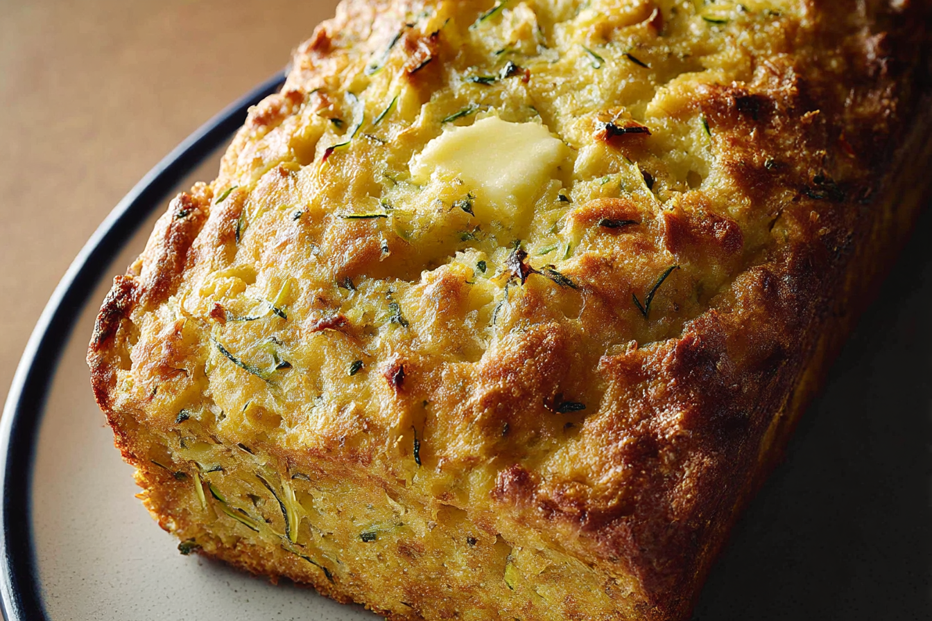 Freshly baked zucchini cheddar bread loaf on a wooden board with slices cut