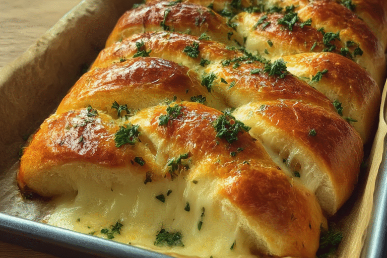 Freshly baked cheesy mozzarella stuffed bread with golden crust and gooey melted cheese inside.