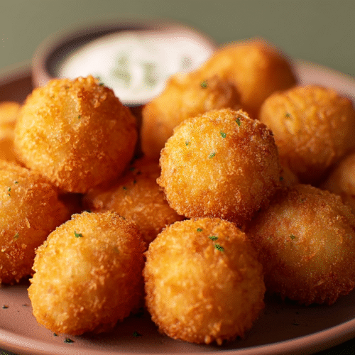 Crispy potato balls with golden crust and melted cheese inside