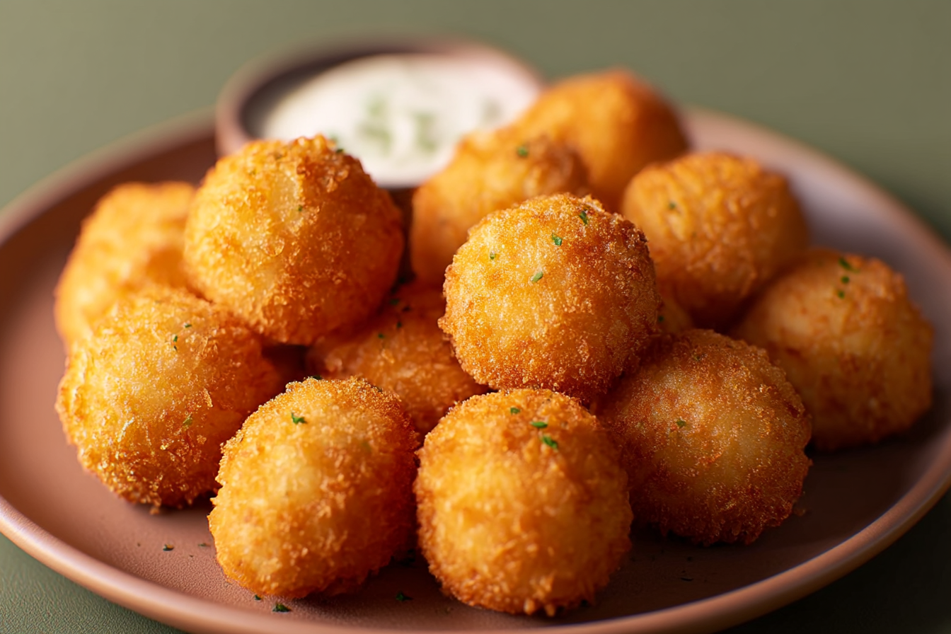 Crispy potato balls with golden crust and melted cheese inside