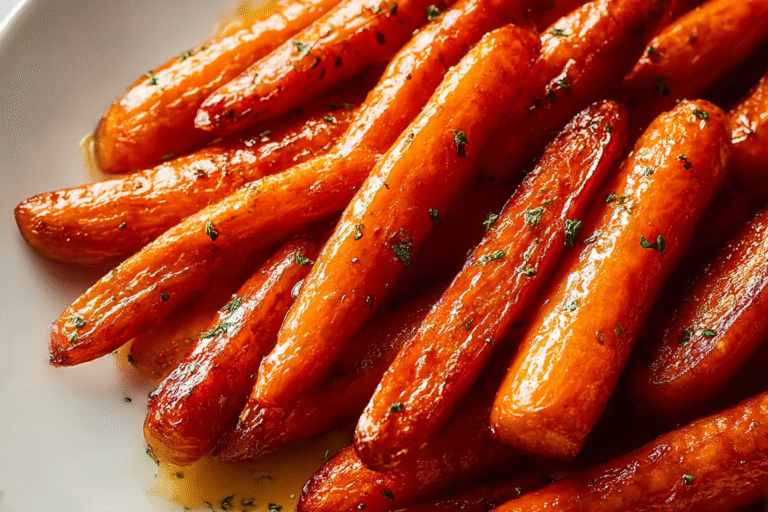 Honey glazed carrots with garlic and lemon on a serving plate