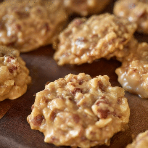 No-Bake Coconut Pecan Praline Cookies stacked on parchment paper