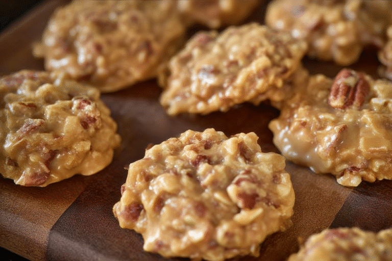 No-Bake Coconut Pecan Praline Cookies stacked on parchment paper