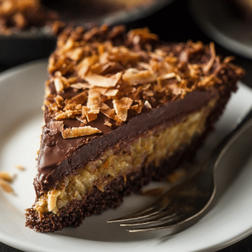 No-Bake German Chocolate Pie with Oreo crust, rich chocolate ganache, and coconut-pecan topping.