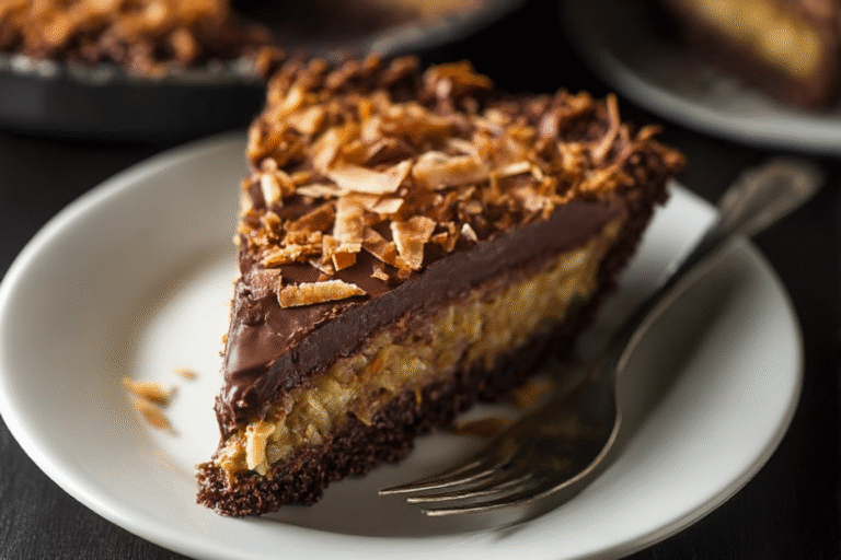 No-Bake German Chocolate Pie with Oreo crust, rich chocolate ganache, and coconut-pecan topping.