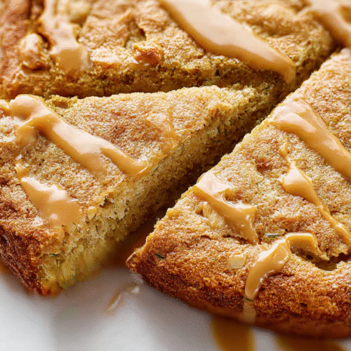 Moist Peanut Butter Zucchini Cake topped with melted peanut butter drizzle and chopped peanuts on a white plate.