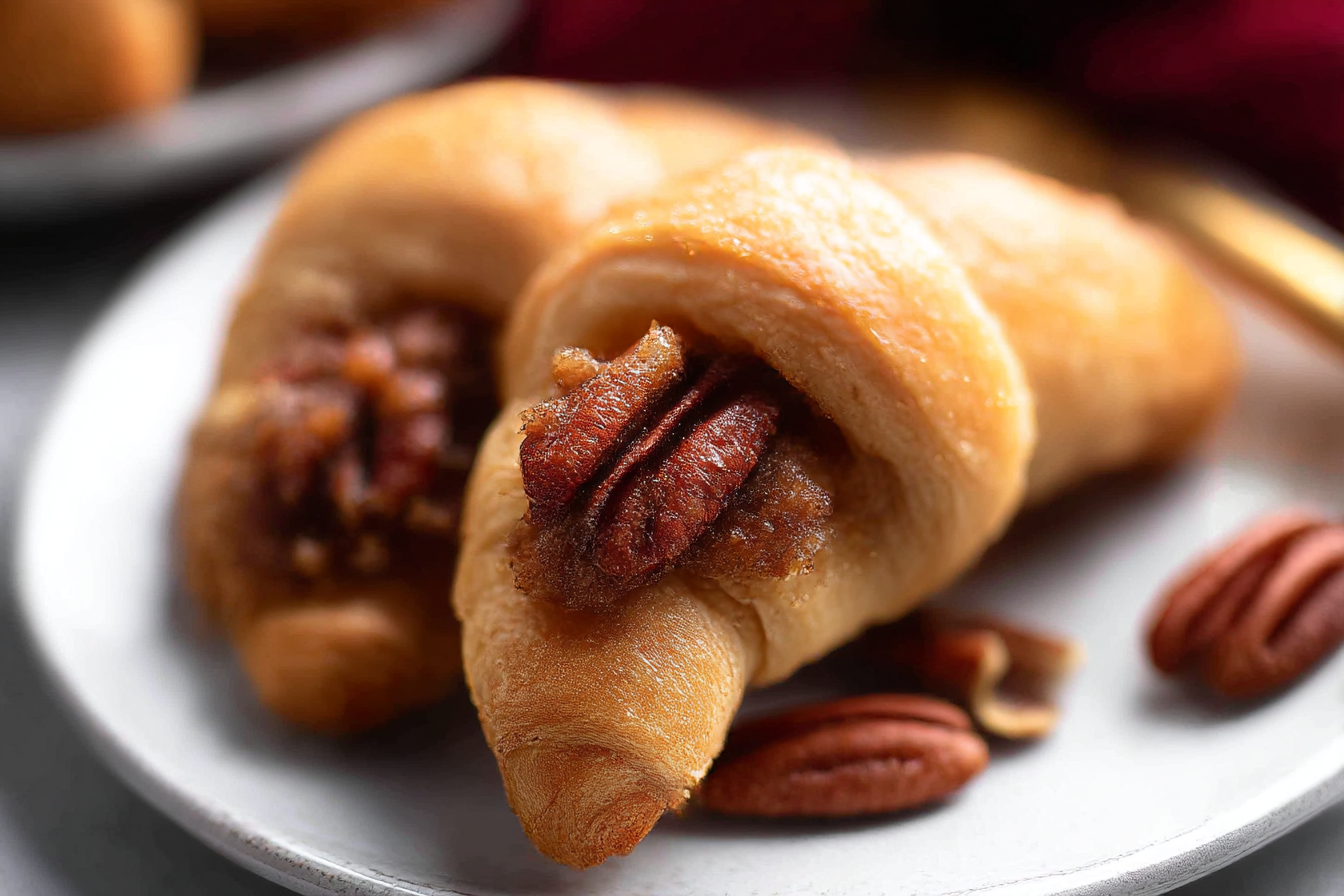 Golden pecan pie crescents drizzled with caramel sauce on a white plate