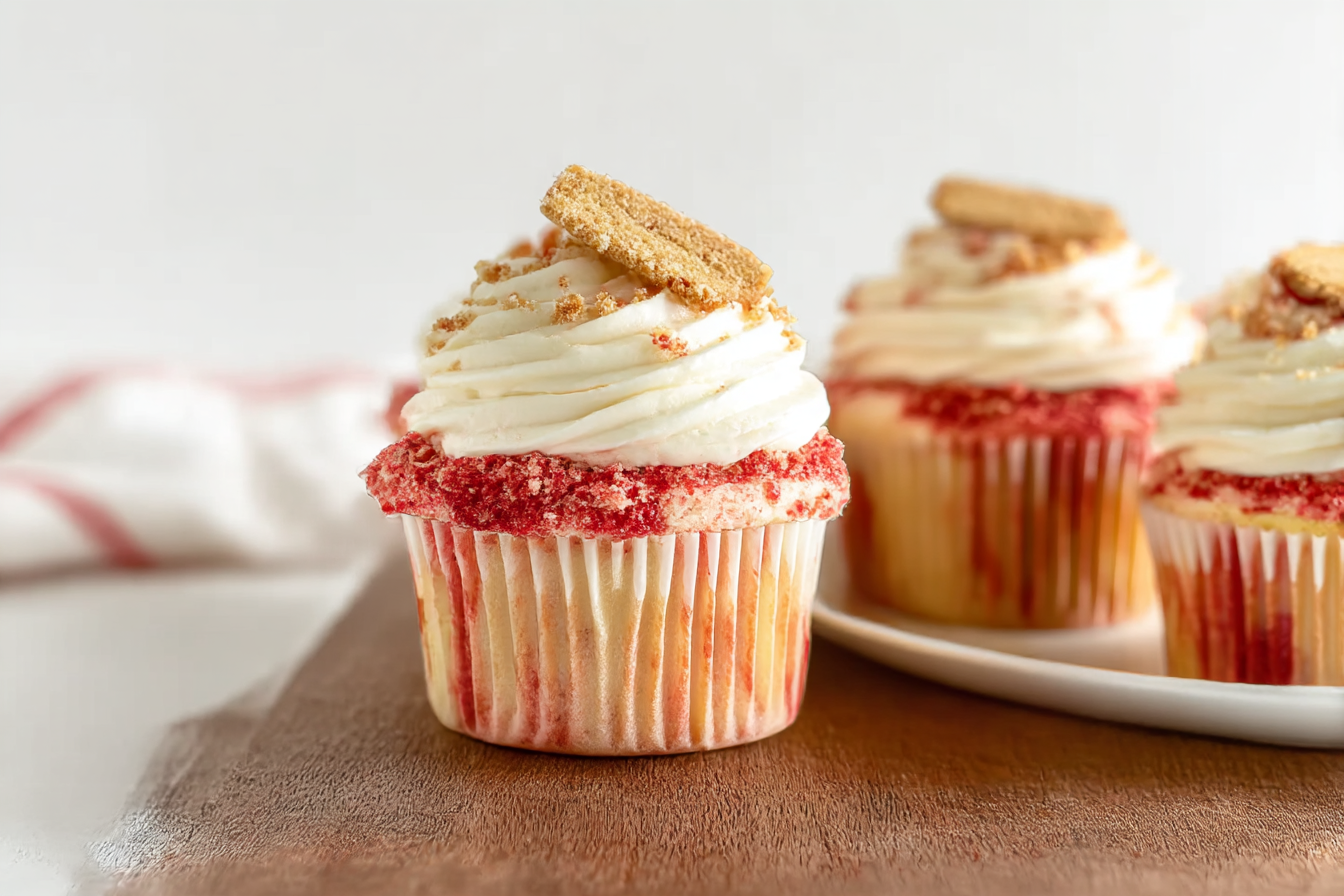 Strawberry Crunch Cupcakes topped with vanilla cream cheese frosting and Oreo strawberry crumble