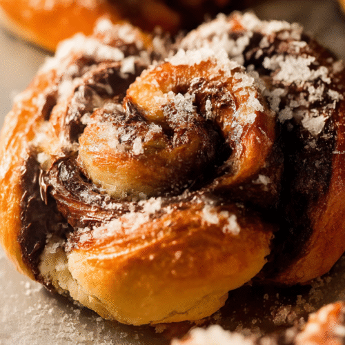 Golden flaky swirl Nutella rolls made with puff pastry dusted with powdered sugar