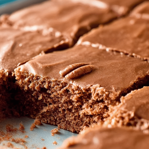 Rich and moist Texas Sheet Cake topped with fudgy chocolate frosting and pecans, served on a baking sheet